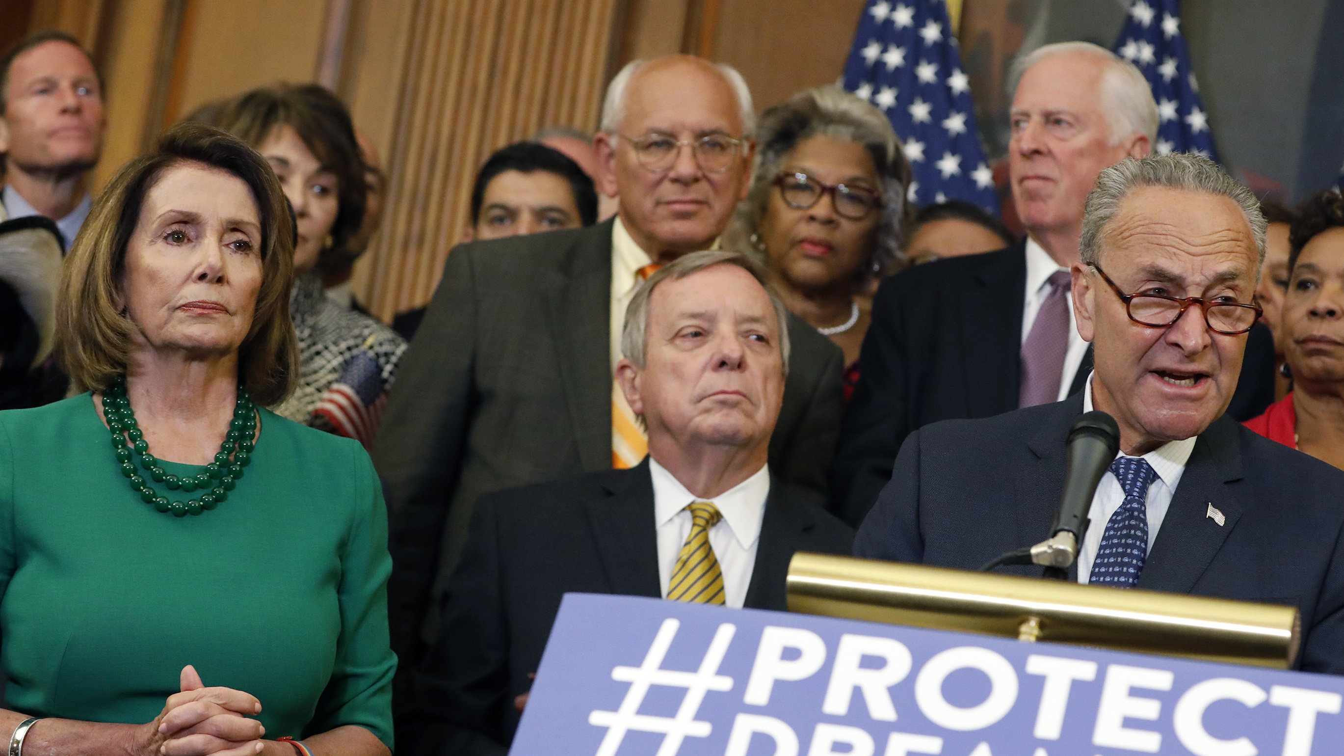 House Minority Leader Nancy Pelosi and Senate Minority Leader Chuck Schumer spoke on Sept. 6 about President Trump's decision to end DACA. The two now say they have worked out a deal with Trump on legislation. (Getty Images)