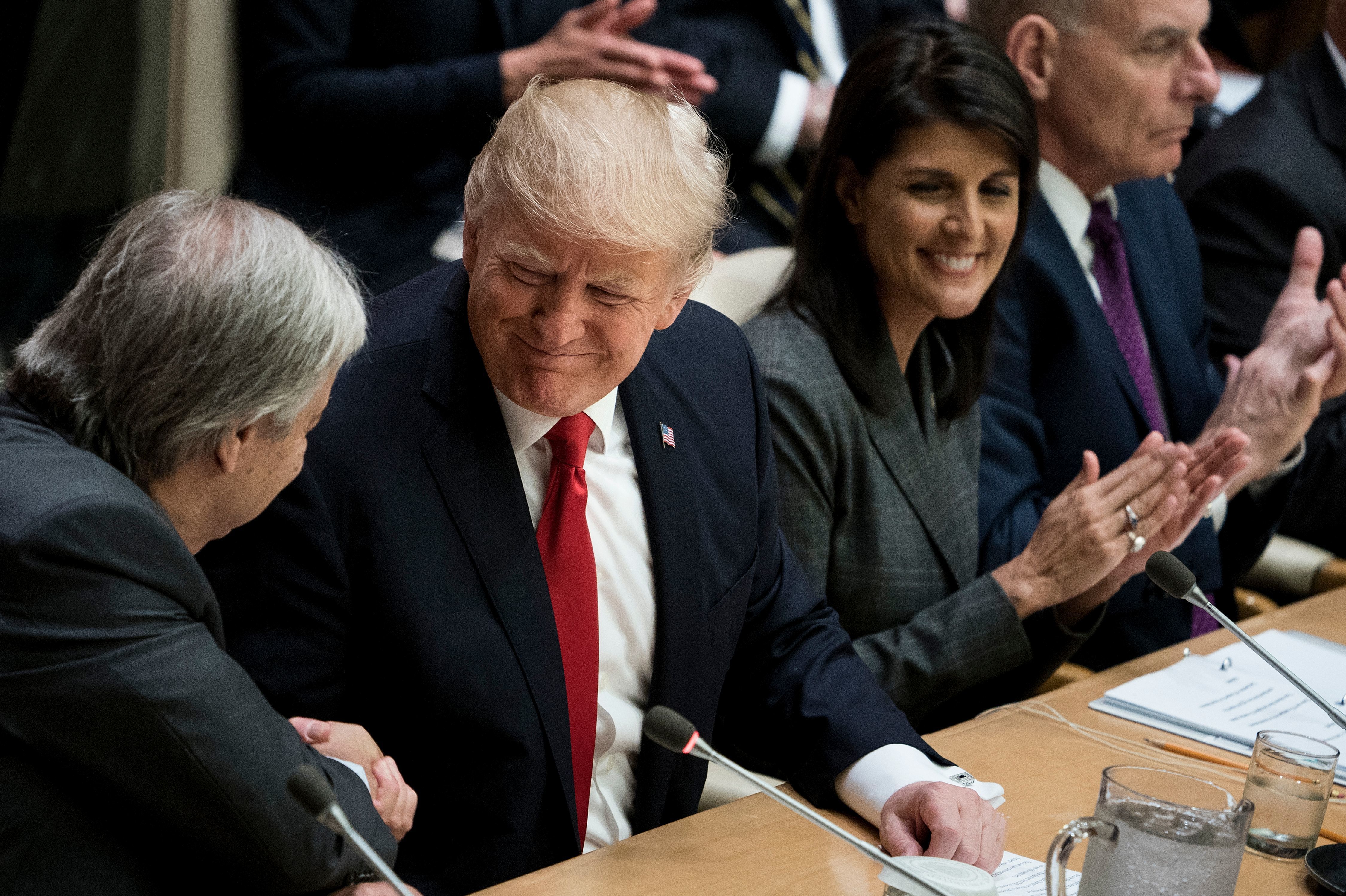 President Trump and U.N. Secretary-General Antonio Guterres shake hands during a meeting at U.N. headquarters in New York on Monday. Trump will address the General Assembly on Tuesday. (AFP/Getty Images)