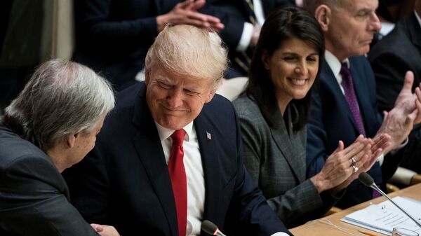 President Trump and U.N. Secretary-General Antonio Guterres shake hands during a meeting at U.N. headquarters in New York on Monday. Trump will address the General Assembly on Tuesday.