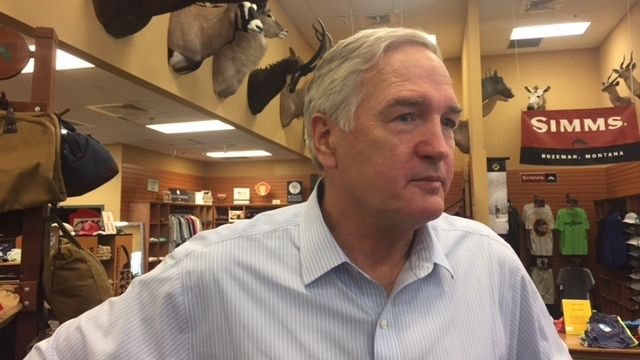 Sen. Luther Strange, R-Ala., campaigns at McCoy Outdoors in Mobile last weekend. (NPR)