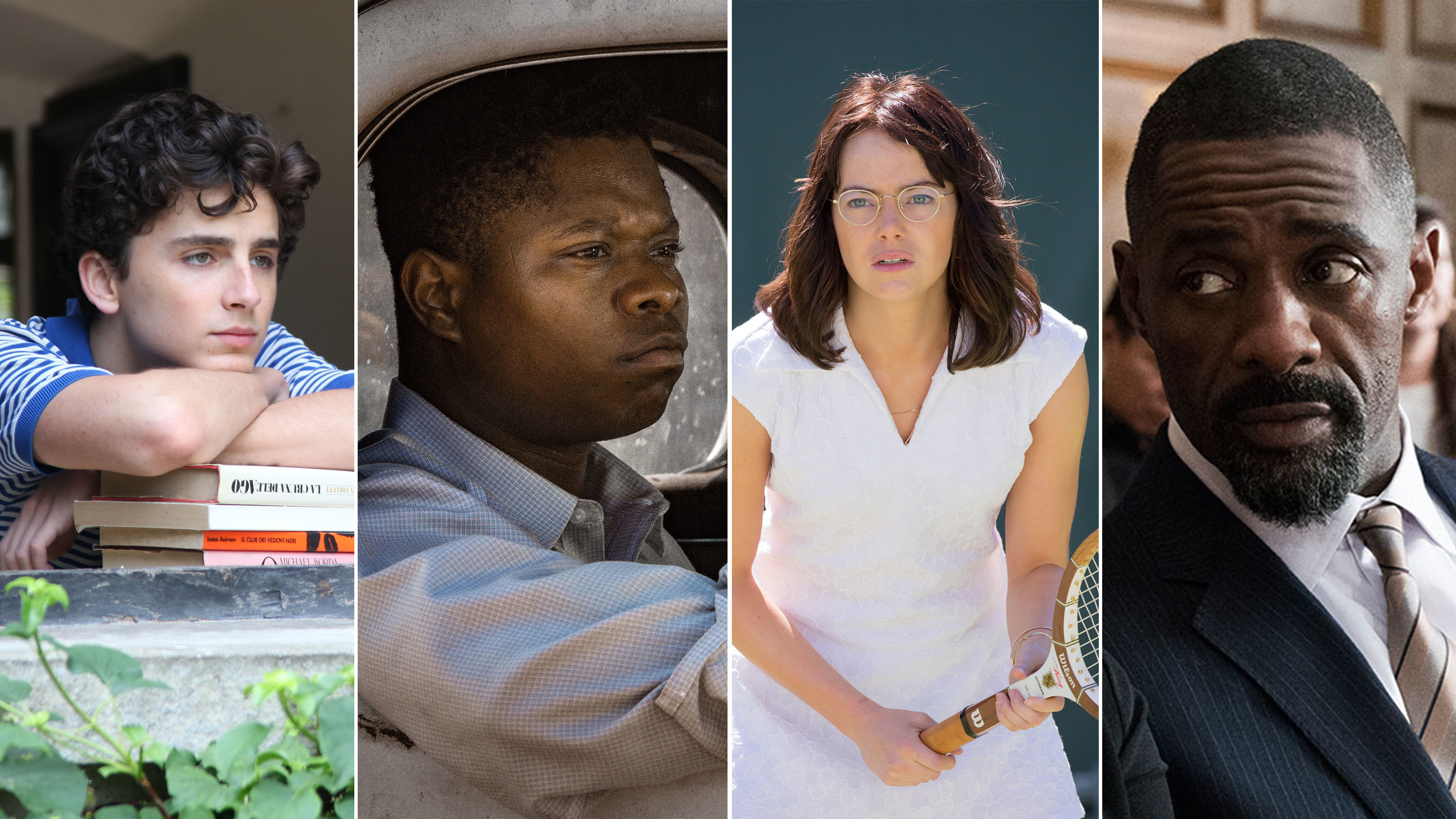 (From left) Timothée Chalamet in <em>Call Me by Your Name</em>; Jason Mitchell in <em>Mudbound</em>; Emma Stone in <em>Battle of the Sexes</em>; and Idris Elba in <em>Molly's Game.</em> (61st BFI London Film Festival/ Steve Dietl, 61st BFI London Film Festival/ Melinda Sue Gordon, 2016 Twentieth Century Fox Film Corporation/ Courtesy of TIFF)