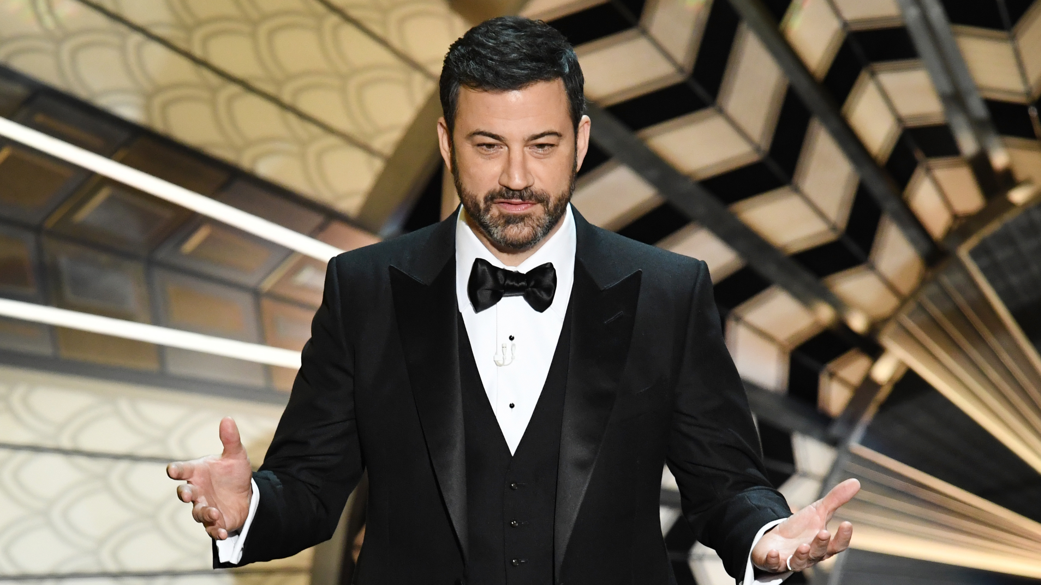 Jimmy Kimmel, seen hosting the Academy Awards in February, has been thrown into political hot waters. His name has been invoked by a GOP senator looking to pass an Obamacare repeal and replace bill. (Getty Images)