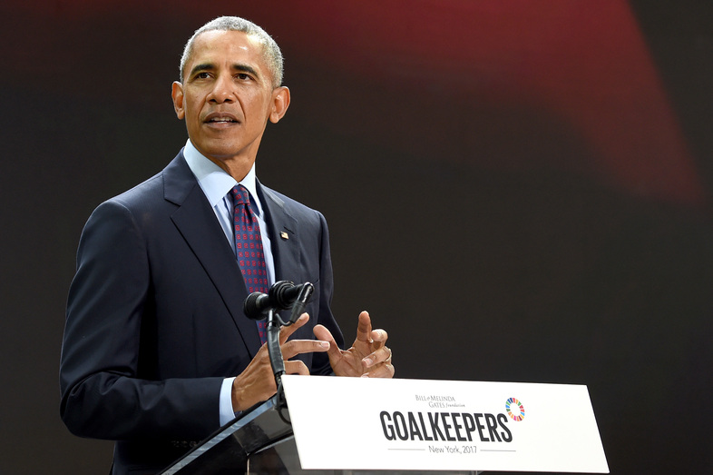 Former President Barack Obama speaks Wednesday at the Goalkeepers 2017 conference, at New York City's Jazz at Lincoln Center. (Jamie McCarthy/Getty Images)