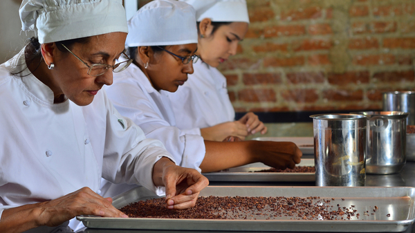 Entrepreneurs sort cocoa beans on a tray at Cacao de Origen, a school founded by Maria Di Giacobbe to train Venezuelan women in the making of premium chocolate. Zeina Alvarado (left) later found work in a bean-to-bar production facility in Mexico.