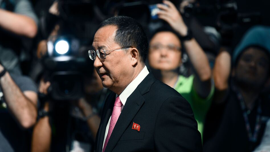 North Korean Foreign Minister Ri Yong Ho leaves his hotel in New York on Monday. Ri says President Trump's tweets amount to a declaration of war against North Korea — and that the country can now defend itself under international law. (Jewel Samad/AFP/Getty Images)