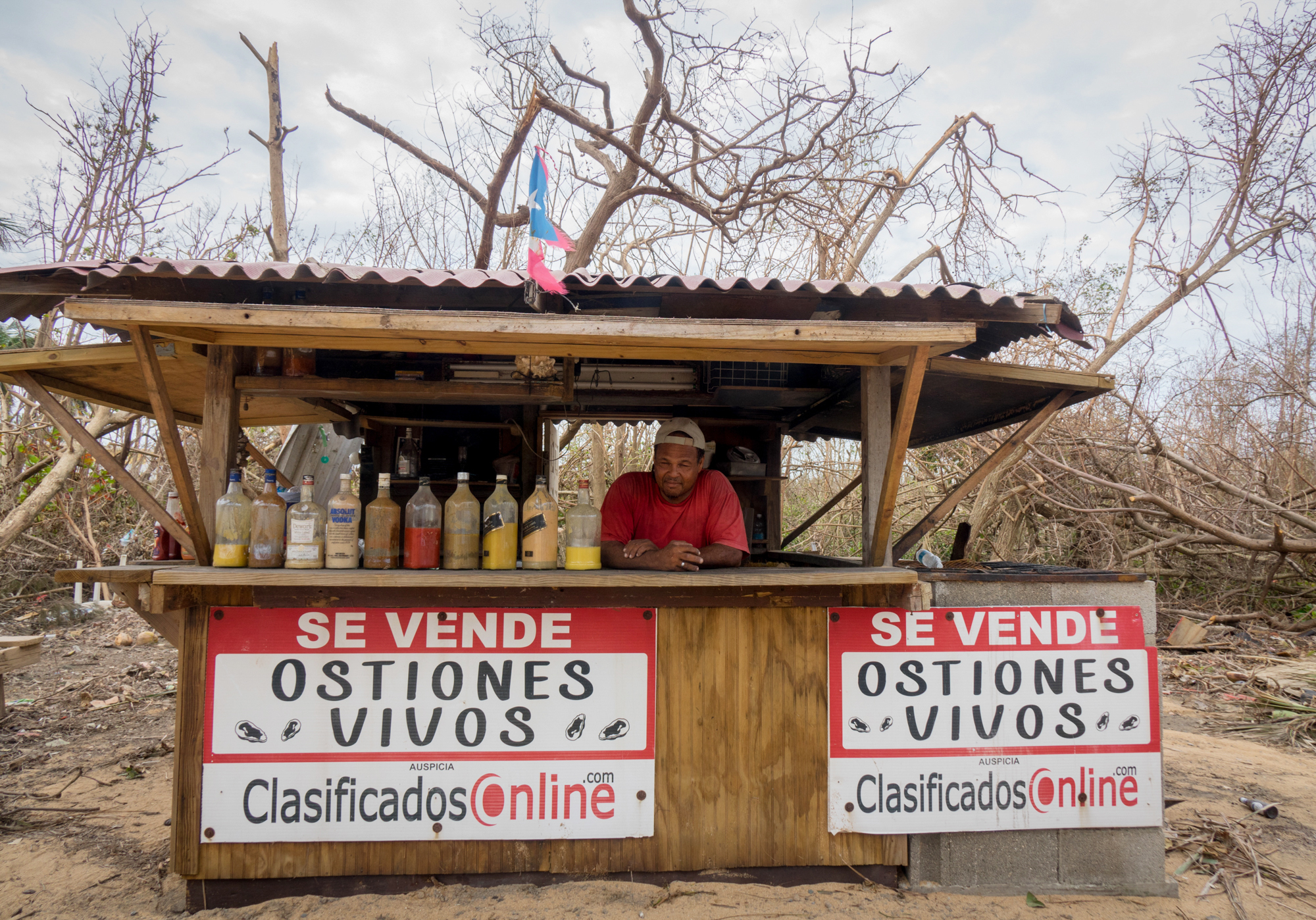 Edwin Delgado Rivera stands behind the counter of his oyster shack in Loiza, Puerto Rico, which sustained heavy damage by the destructive path of Hurricane Maria. (Angel Valentin for NPR)