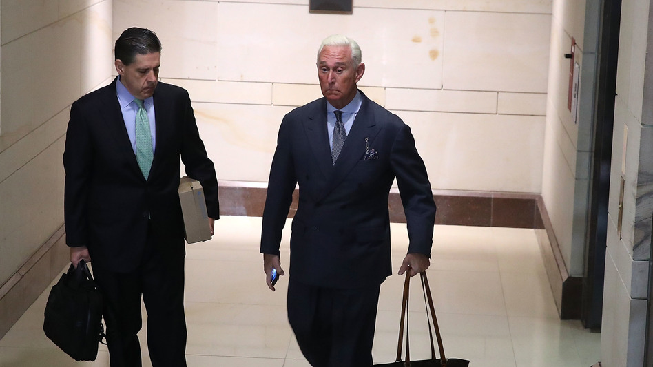 Roger Stone (right), a former adviser to President Trump, arrives to appear before the House Intelligence Committee on Tuesday. Stone flatly denied any accusations of collusion between Russia and the Trump campaign. (Mark Wilson/Getty Images)