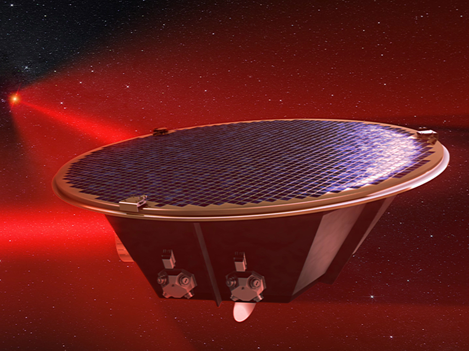 The Laser Interferometer Space Antenna, as seen in this image from an artist's simulation, will aim to detect gravitational waves in space. (C. Henze/NASA)