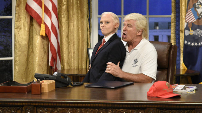 Kate McKinnon as Attorney General Jeff Sessions and Alec Baldwin as President Trump in the opening sketch of the 43rd season premiere of <em>Saturday Night Live</em>. (NBC)