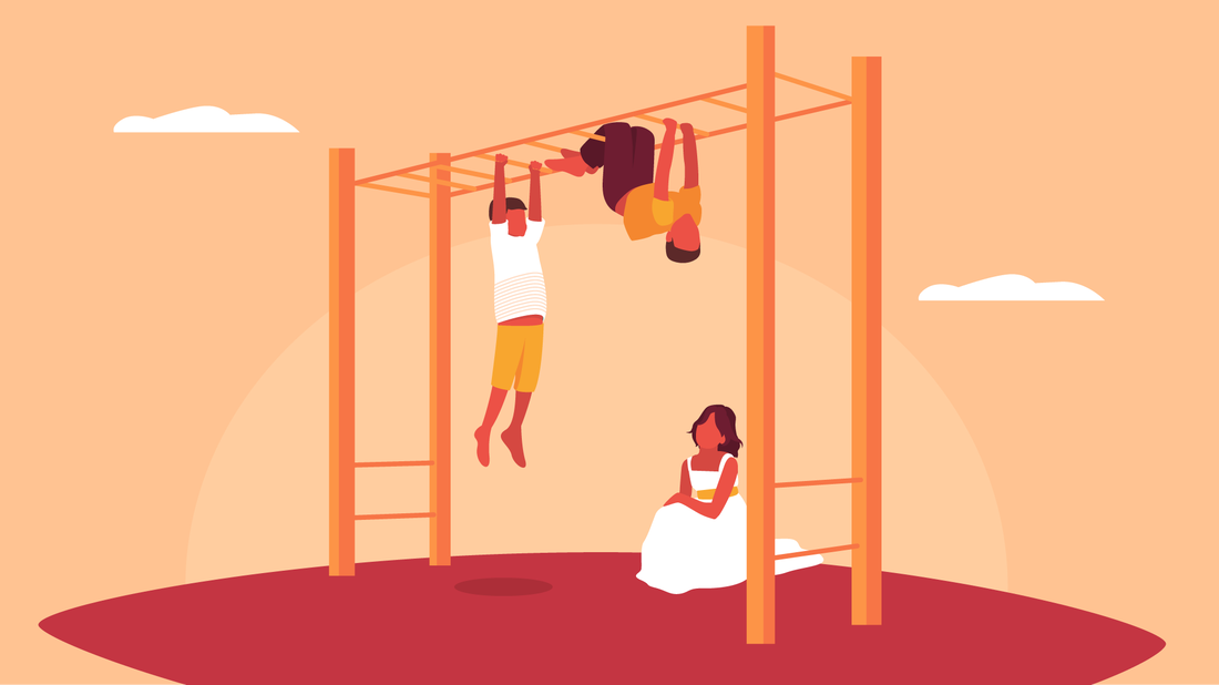 Boys climb on monkey bars, but the girl in the pic can't because she's wearing a dress.