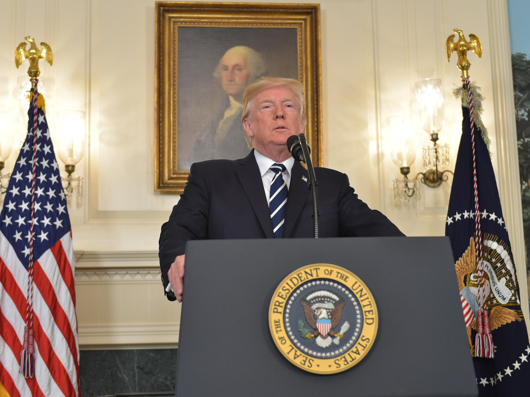 President Trump delivers a statement on the Las Vegas shooting from the Diplomatic Reception Room of the White House on Monday. (AFP/Getty Images)