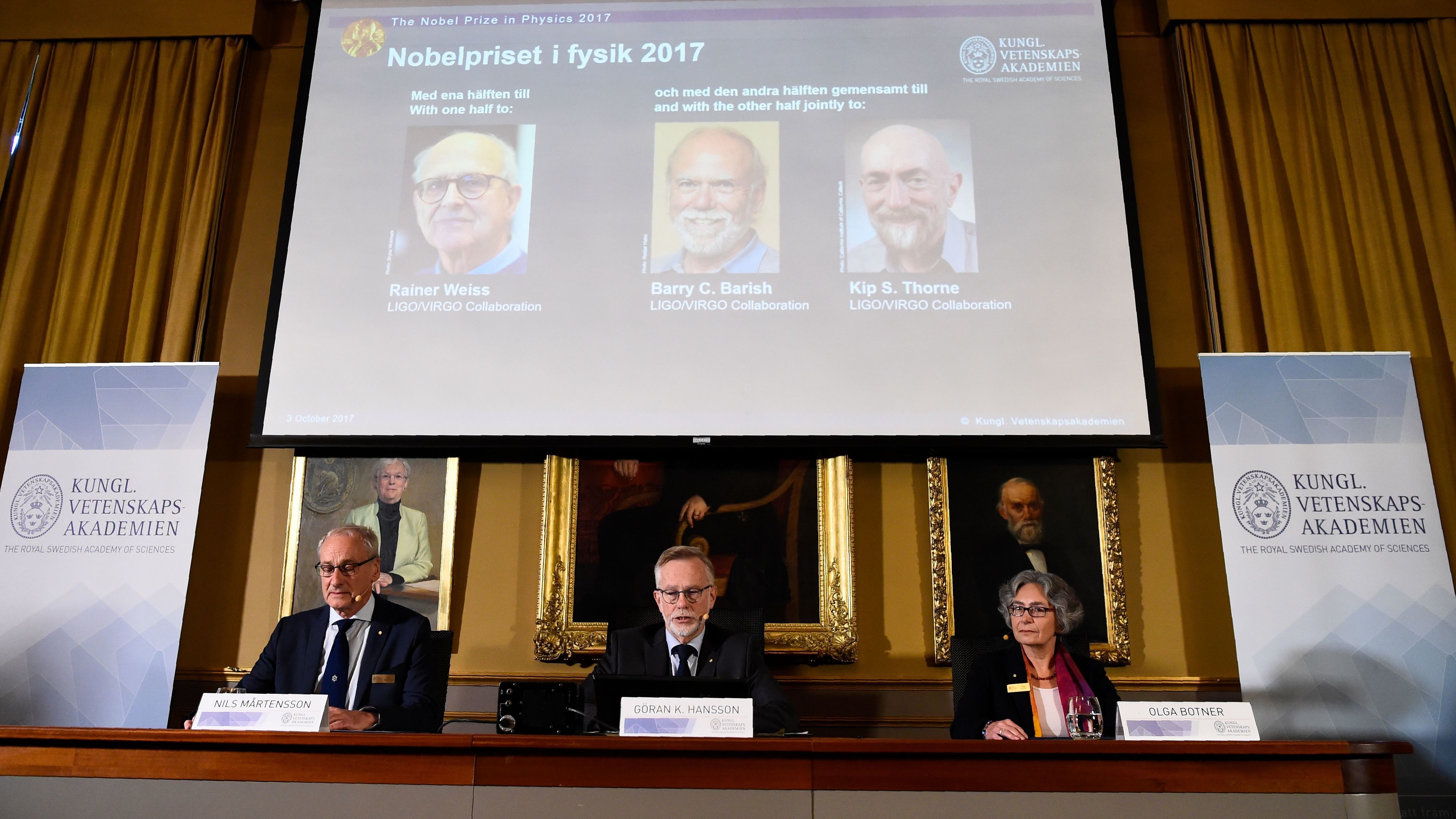Nobel Committee for Physics members announce the 2017 Nobel Prize winners at the Royal Swedish Academy of Sciences in Stockholm. The laureates are (from left) Rainer Weiss, Barry C. Barish and Kip S. Thorne. (AFP/Getty Images)