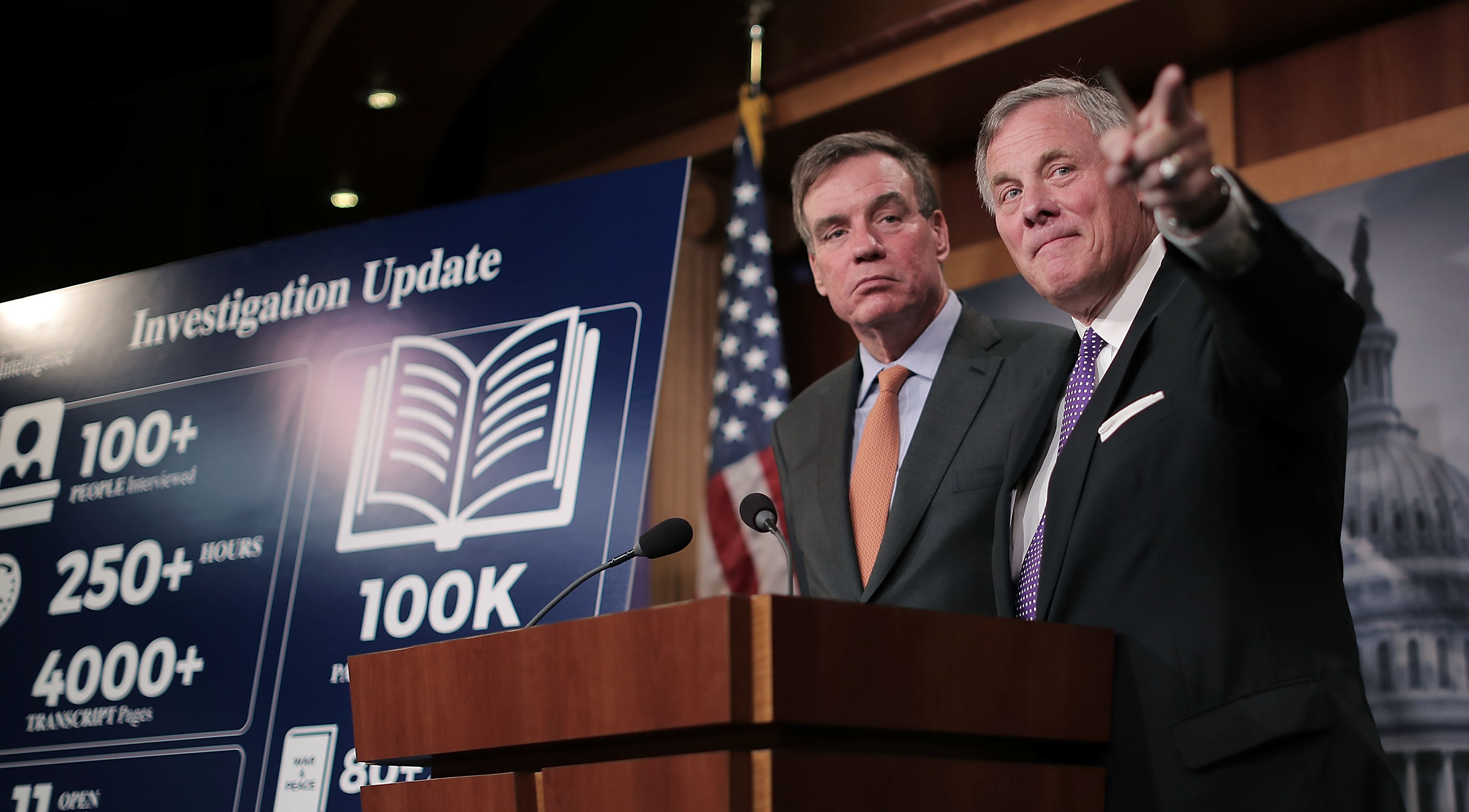 Senate Intelligence Committee Chairman Richard Burr, R-N.C. (right), and committee Vice Chairman Mark Warner, D-Va., hold a news conference Wednesday on the status of the committee's inquiry into Russian interference in the 2016 presidential election. (Getty Images)