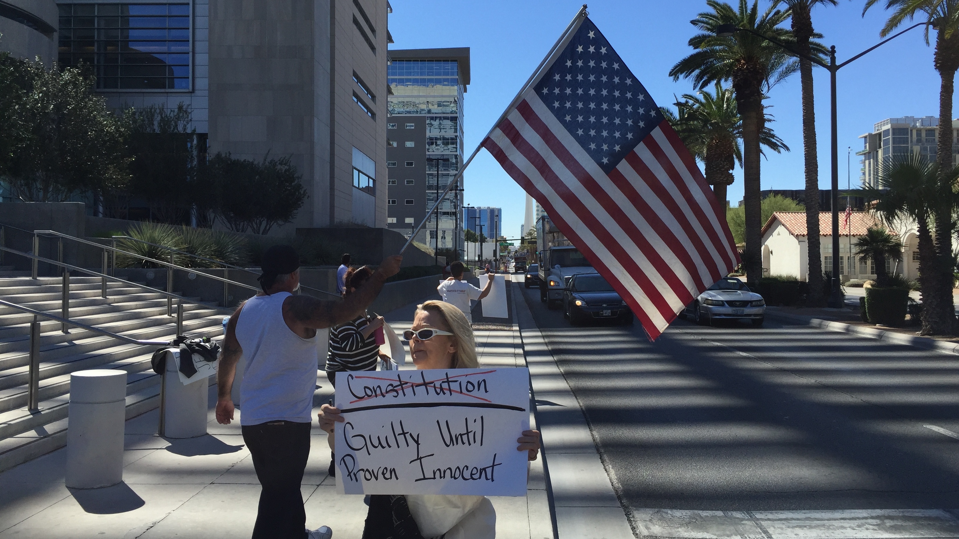 Protesters supporting Nevada rancher Cliven Bundy outside the federal courthouse in Las Vegas. (NPR)