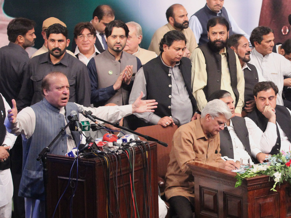 Ousted Pakistani Prime Minister Nawaz Sharif addresses his party workers' convention Oct. 4 in Lahore. (Pacific Press/LightRocket via Getty Images)