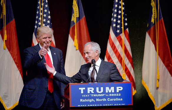 Then-presidential nominee Donald Trump stands next to Sen. Bob Corker, R-Tenn., during a campaign event at the Duke Energy Center for the Performing Arts in July 2016 in Raleigh, N.C. (Getty Images)