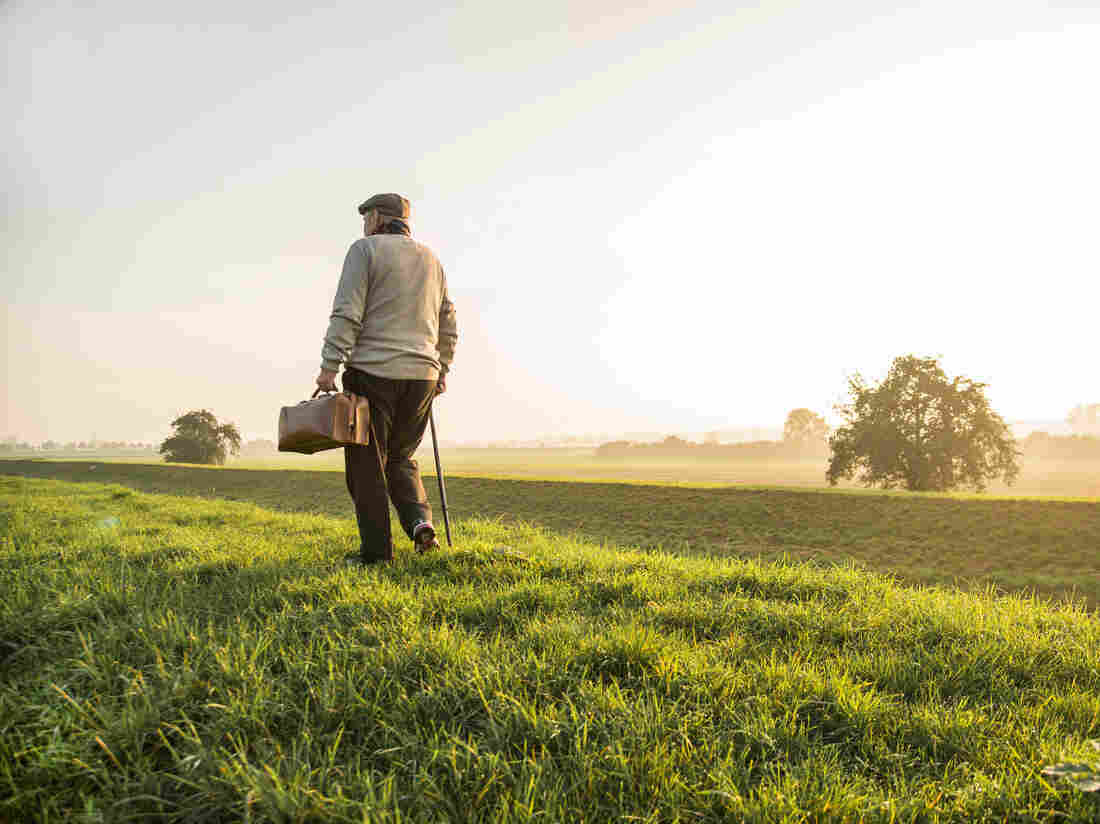 An elderly man walks off into the sunset.