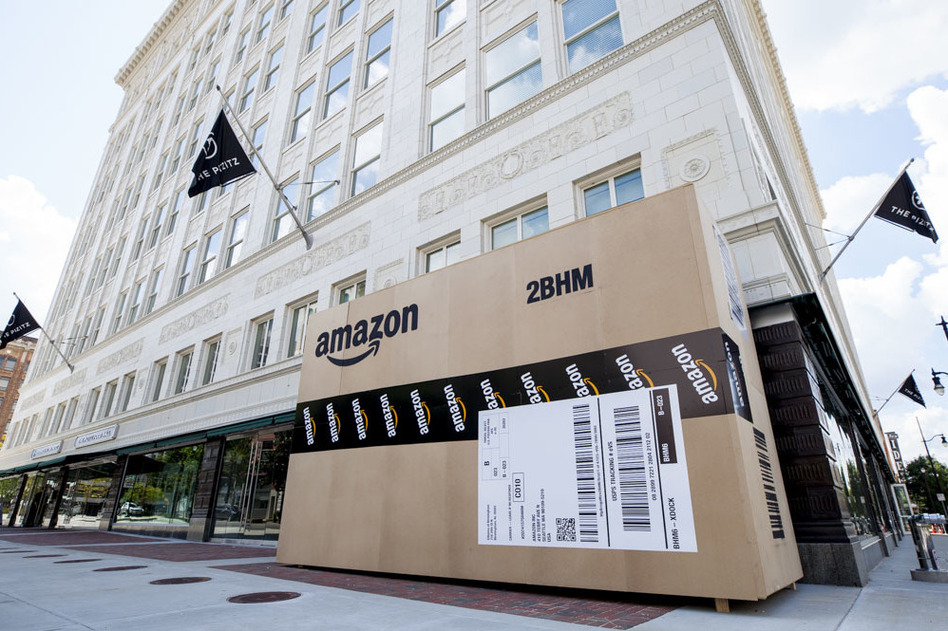 Cities across the country are trying to land Amazon's second headquarters. In Birmingham, Ala., giant Amazon boxes were constructed and placed around the city. (Ali Clark/BringAtoB Campaign)