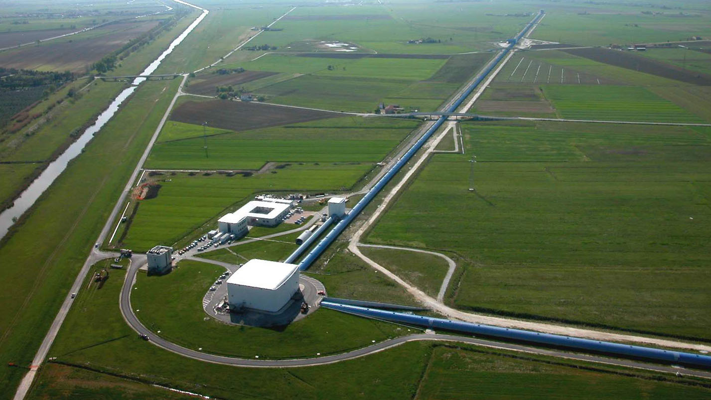 Gravitational wave observatories, like this one in Italy, use giant arms to measure tiny ripples in the fabric of space-time.