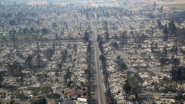 Hundreds of homes in the Coffey Park neighborhood that were destroyed by the Tubbs Fire on October 11, 2017, in Santa Rosa, California.