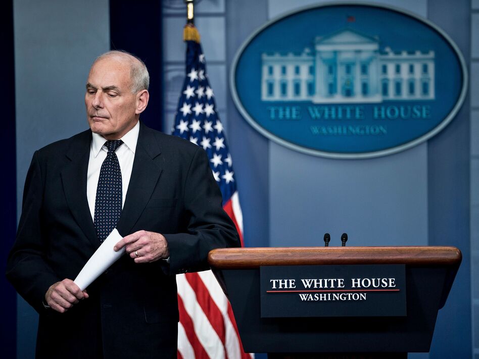 White House chief of staff John Kelly pauses while speaking about President Trump's calls to fallen service members' family members during a briefing at the White House on Thursday. (Brendan Smialowski/AFP/Getty Images)