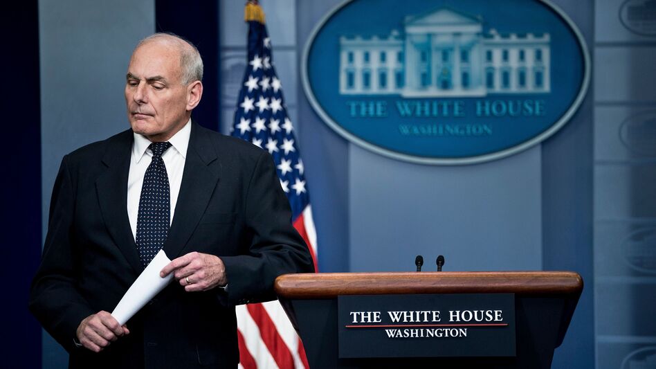 White House chief of staff John Kelly pauses while speaking about President Trump's calls to fallen service members' family members during a briefing at the White House on Thursday.