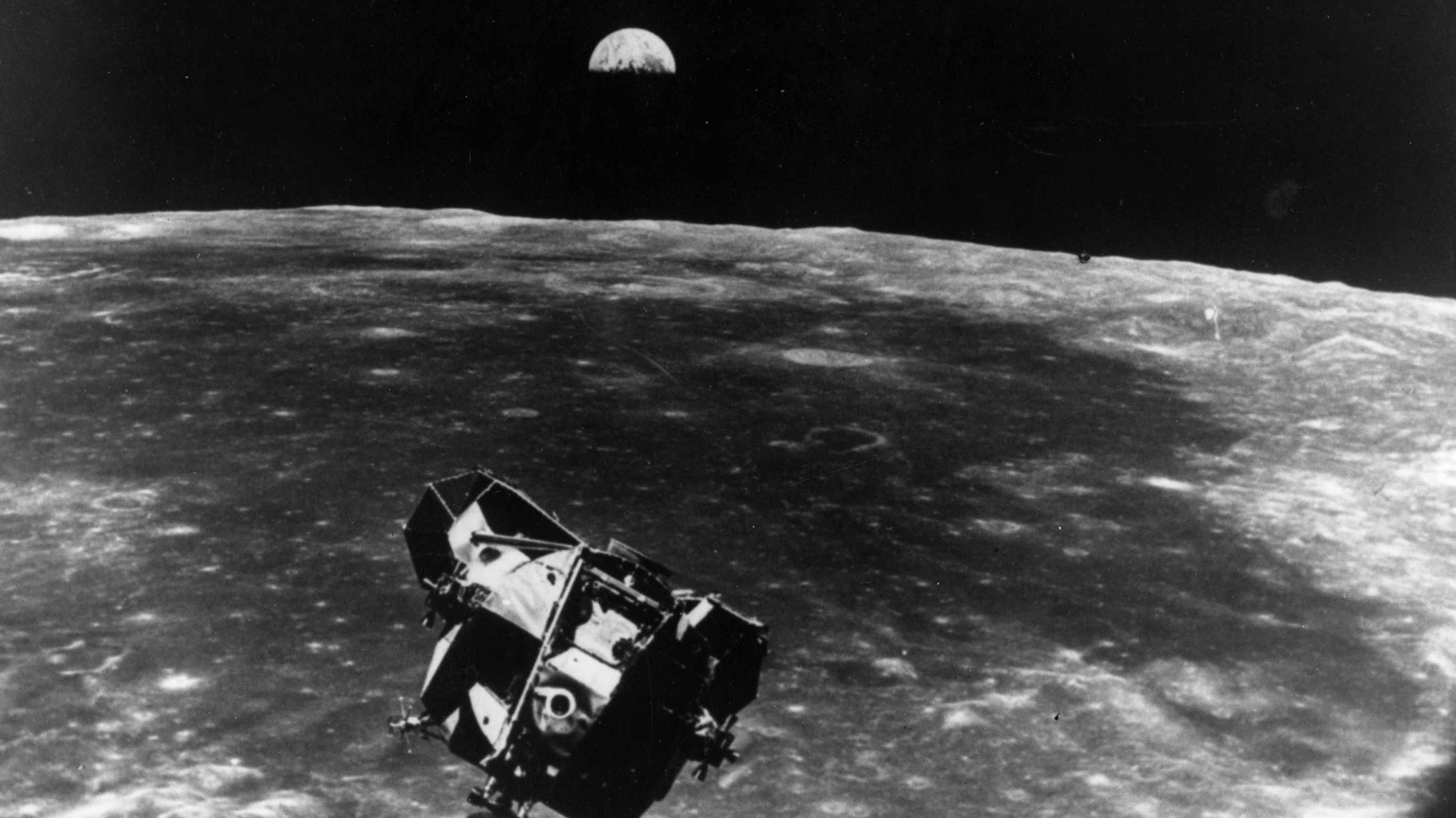 The Apollo 11 space module floating above the moon. Next-generation space queries may tend toward the political: Do the extraterrestrial beings have political action committees? Are there extraterrestrial lobbyists?