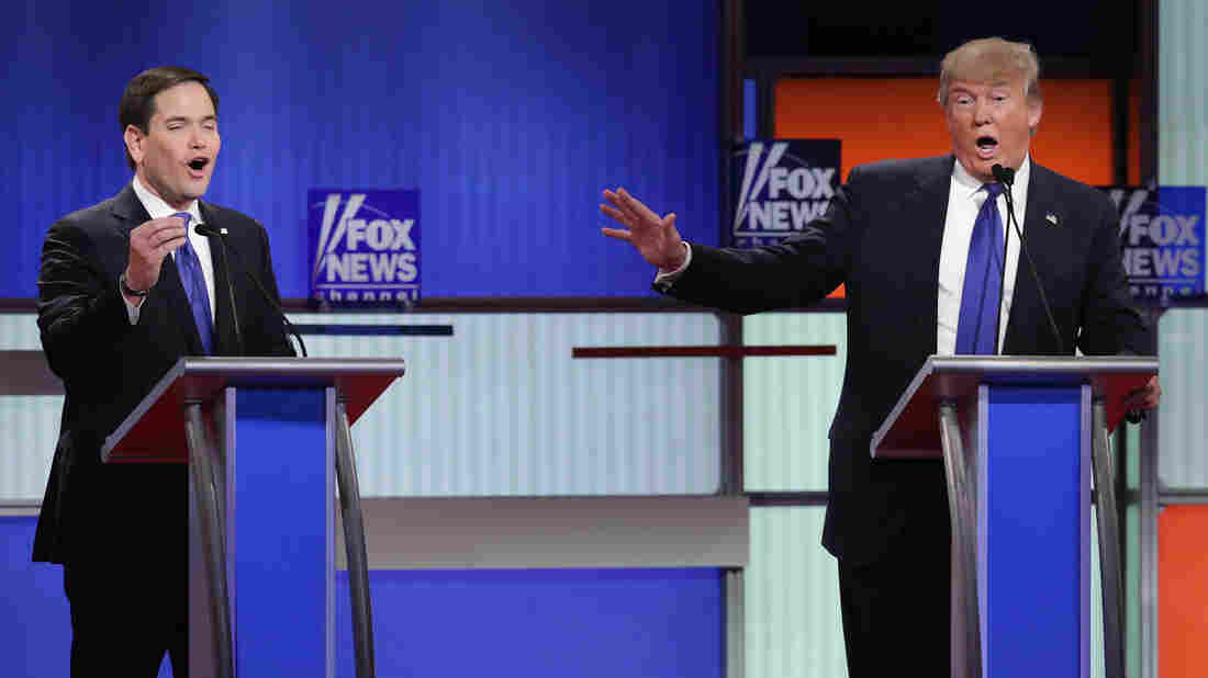 DETROIT, MI - MARCH 03: Republican presidential candidates (Lto R) Sen. Marco Rubio (R-FL) and Donald Trump participate in a debate sponsored by Fox News at the Fox Theatre on March 3, 2016 in Detroit, Michigan. Voters in Michigan will go to the polls March 8 for the State's primary. (Photo by Chip Somodevilla/Getty Images)