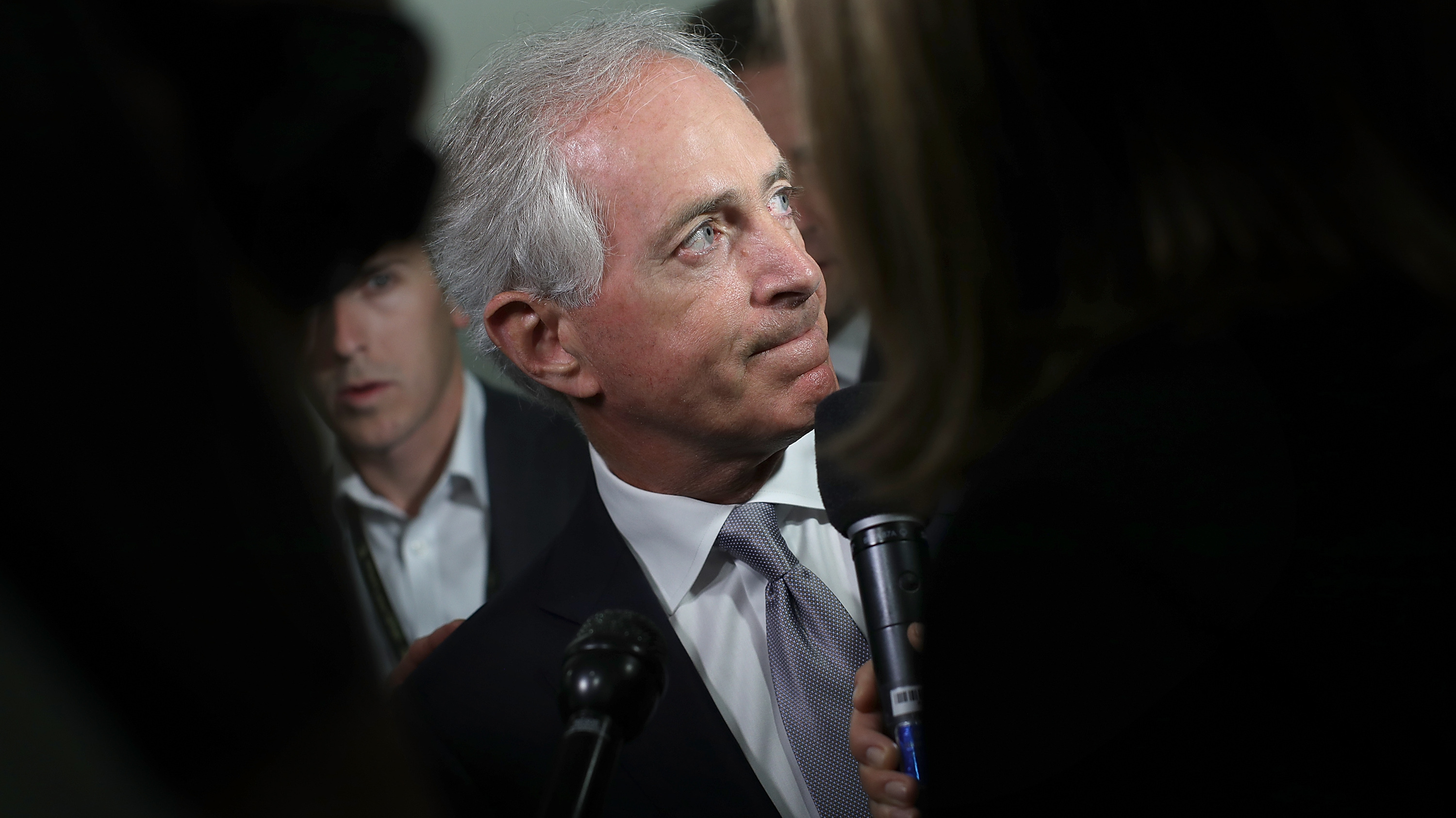 Sen. Bob Corker, R-Tenn., speaks to reporters on Capitol Hill about President Trump on Tuesday morning, ahead of Trump's visit with GOP senators. (Getty Images)