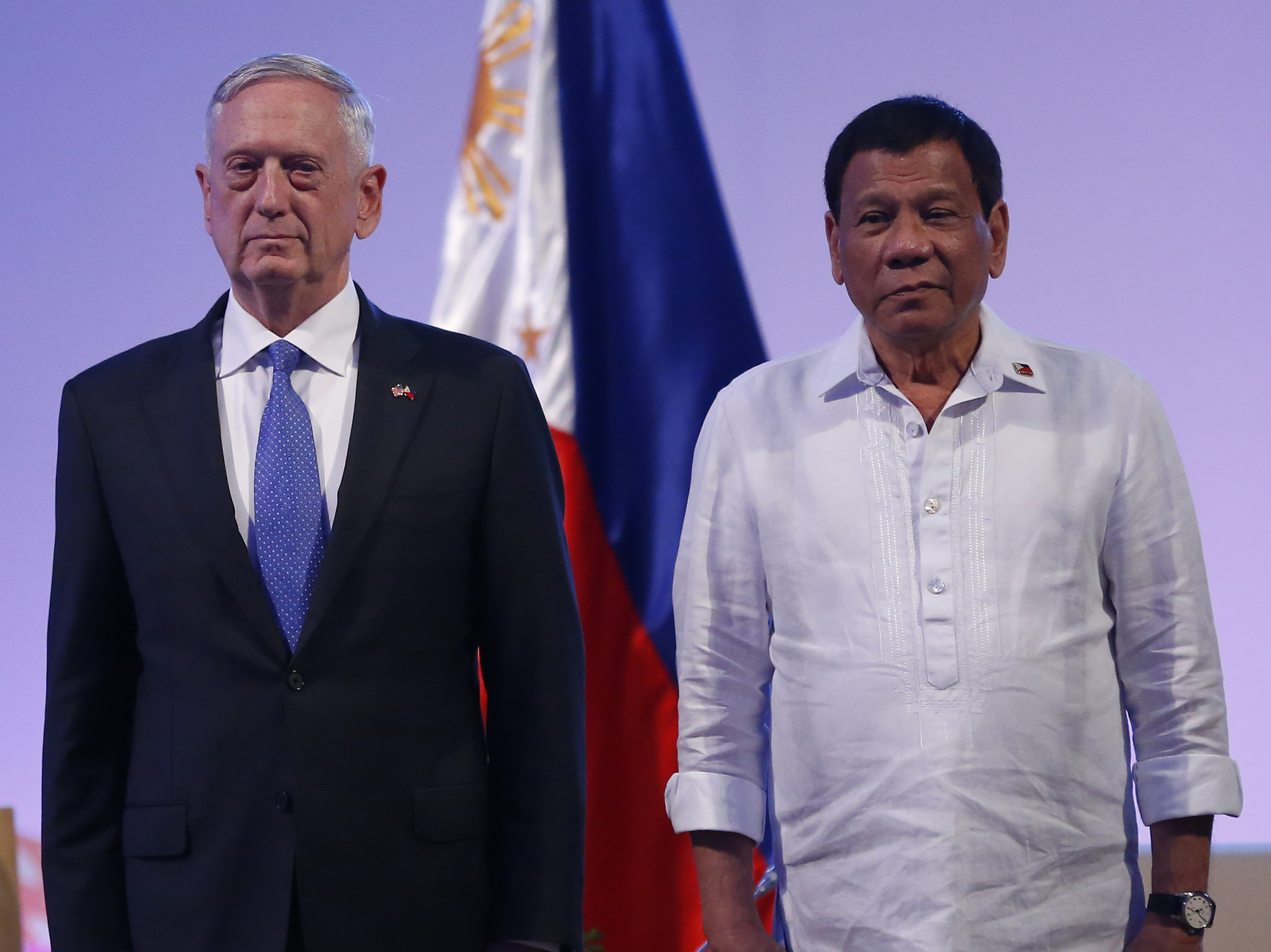 Philippine President Rodrigo Duterte meets Defense Secretary Jim Mattis Oct. 24 at the 11th Association of Southeast Asian Nations (ASEAN) Defense Ministers' Meeting at the former Clark Air Base outside Manila. (AFP/Getty Images)