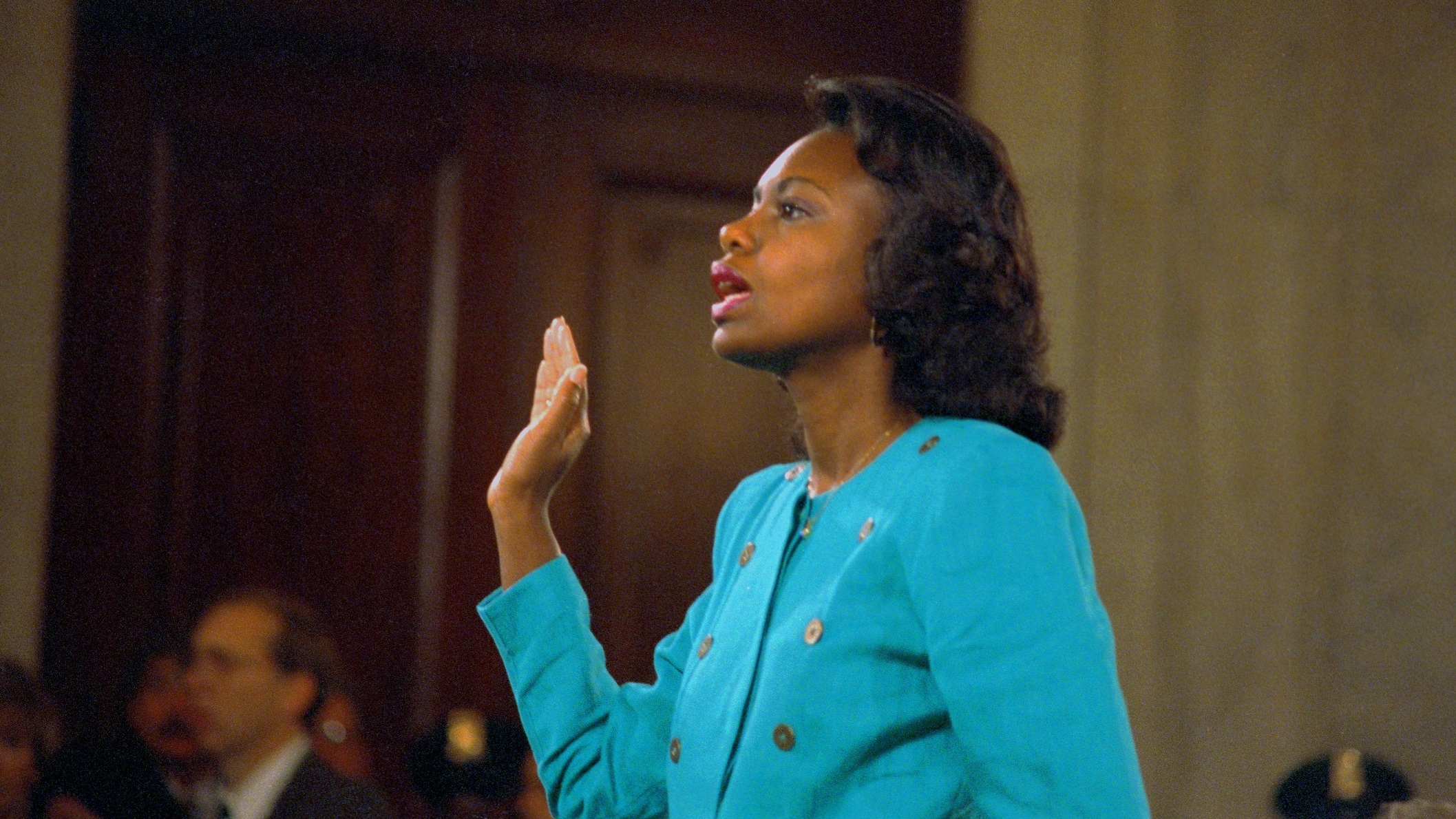 Anita Hill is sworn in before testifying during Senate hearings on the confirmation of Clarence Thomas to the Supreme Court in 1991. (Getty Images)