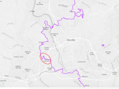 This map shows the zigzagging line separating North Carolina's 10th and 11th Congressional districts. The Gerrymander 5K will take place in West Asheville, circled here.
