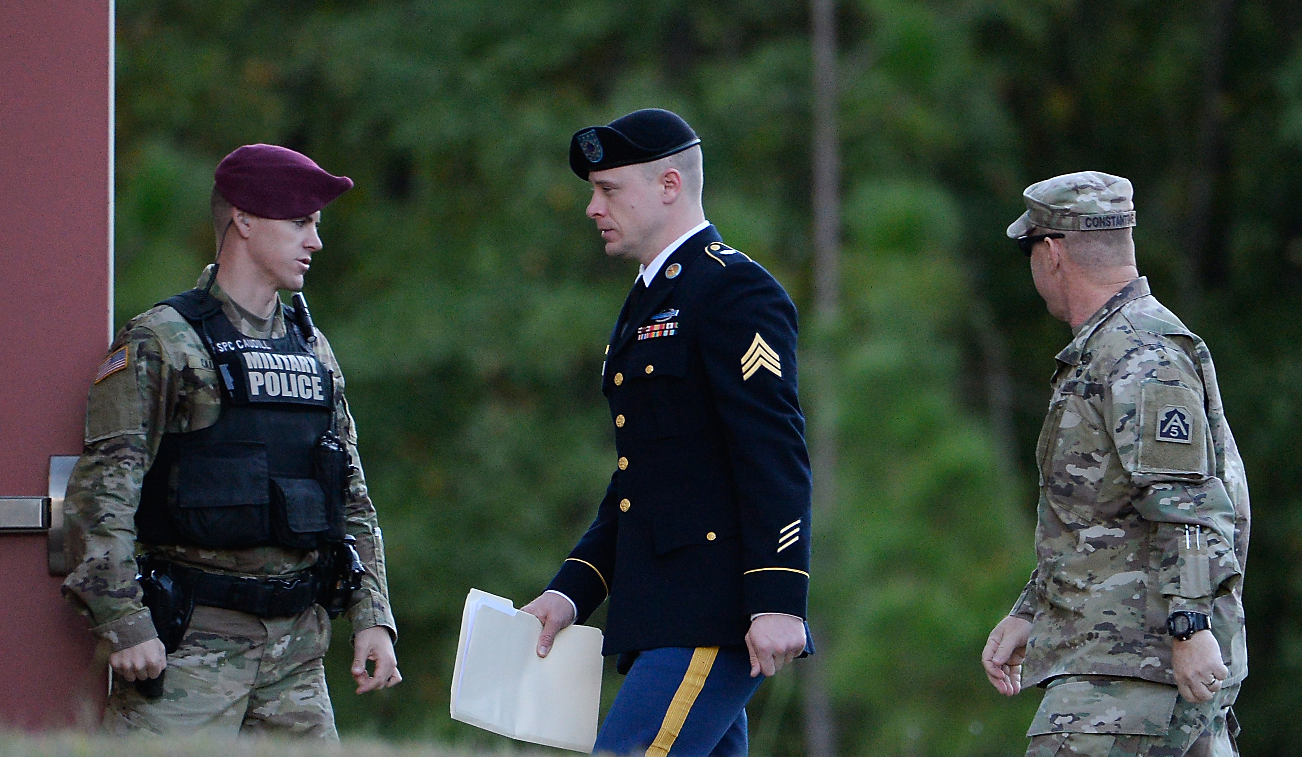 Army Sgt. Bowe Bergdahl is escorted into the Ft. Bragg military courthouse for his sentencing hearing on Monday in Ft. Bragg, N.C. (Getty Images)