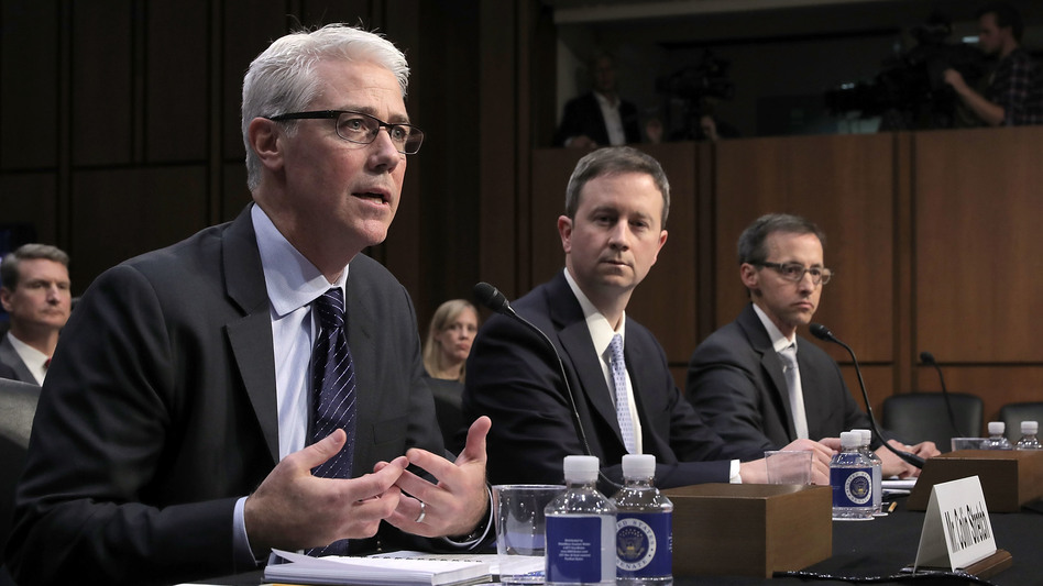 Left to right: Facebook General Counsel Colin Stretch, Twitter Acting General Counsel Sean Edgett, and Google Law Enforcement and Information Security Director Richard Salgado testify before the Senate Judiciary Committee's Crime and Terrorism Subcommittee on Tuesday, October 31, 2017. (Chip Somodevilla/Getty Images)