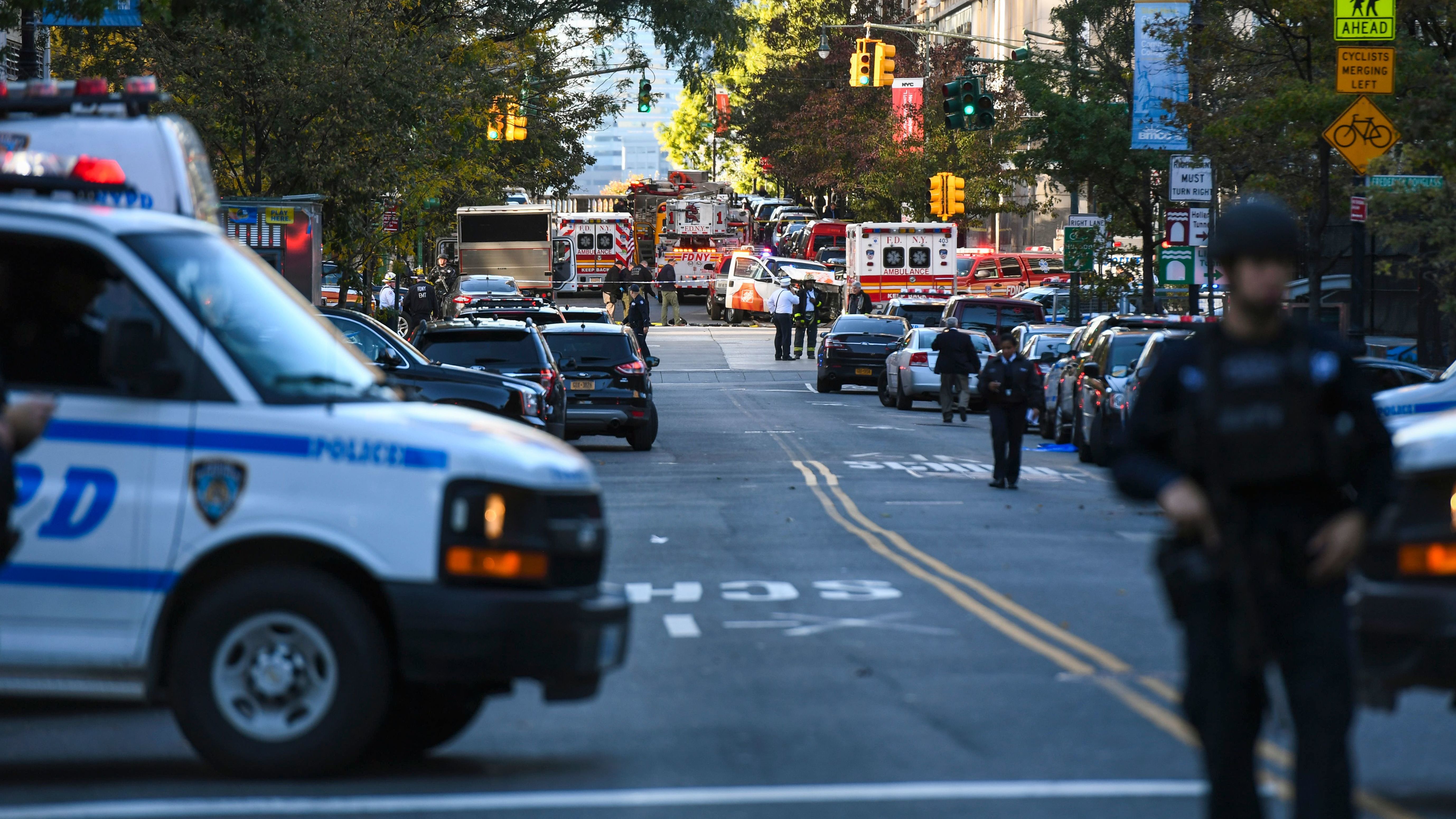 Police secure the area in Lower Manhattan near where a vehicle drove onto a bicycle path Tuesday afternoon, killing &quot;several people,&quot; according to New York City police. (AFP/Getty Images)