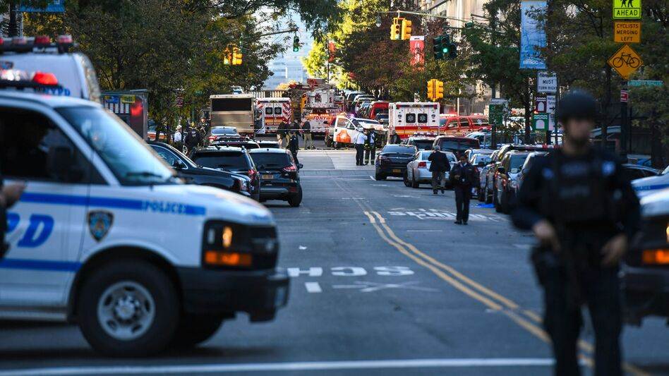Police secure the area in Lower Manhattan near where a vehicle drove onto a bicycle path Tuesday afternoon, killing "several people," according to New York City police. (Don Emmert/AFP/Getty Images)