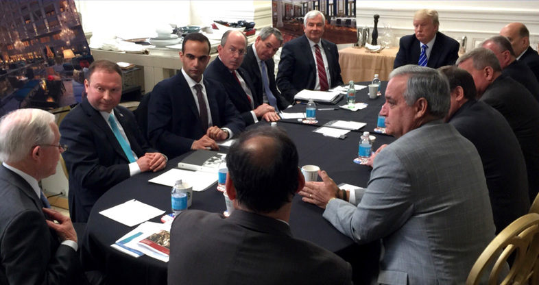 A photo posted in March, 2016 on President Donald Trump's Twitter account shows George Papadopoulos, third from left, at a national security meeting with then-candidate Donald Trump. The President told reporters on Friday morning that "I don't remember much" about the controversial meeting. (Donald Trump's Twitter account/AP)