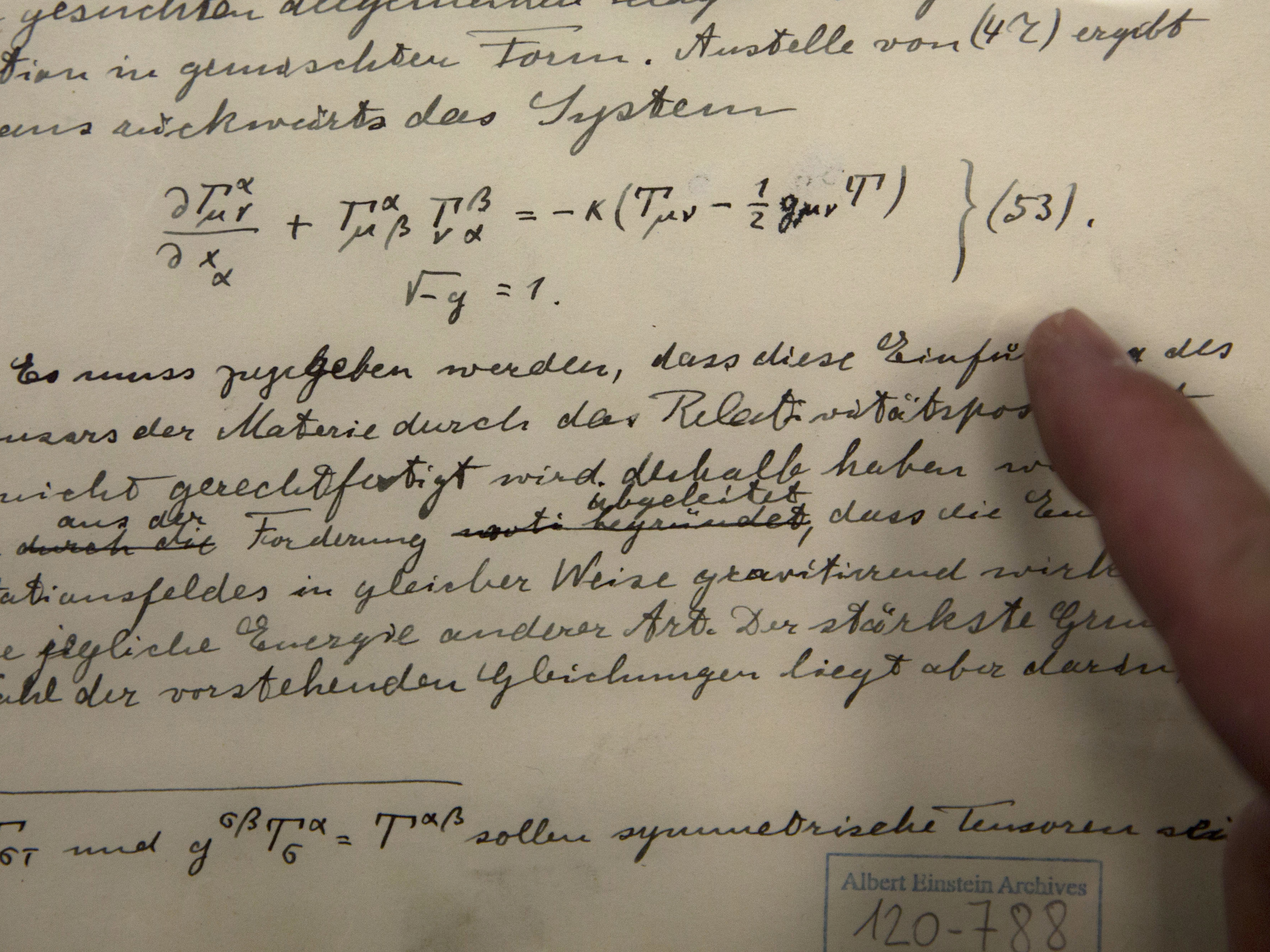 The original historical documents related to Albert Einstein's prediction of the existence of gravitational waves are seen at the Hebrew University in Jerusalem on Feb. 11, 2016. (AP)
