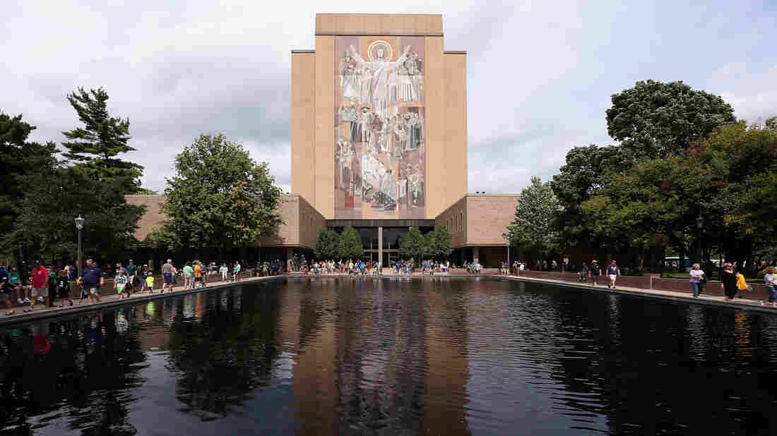 Hesburgh Library is seen at the University of Notre Dame in South Bend, Ind., in 2014.