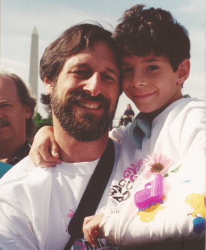 Alan Stepakoff and his son, Josh, in Washington, D.C., for the Million Mom March rally in May 2000, the year after Josh was shot at his Jewish day camp. The shooting was ruled a federal hate crime, and the gunman is serving life in prison.
(Courtesy of Joshua Stepakoff)