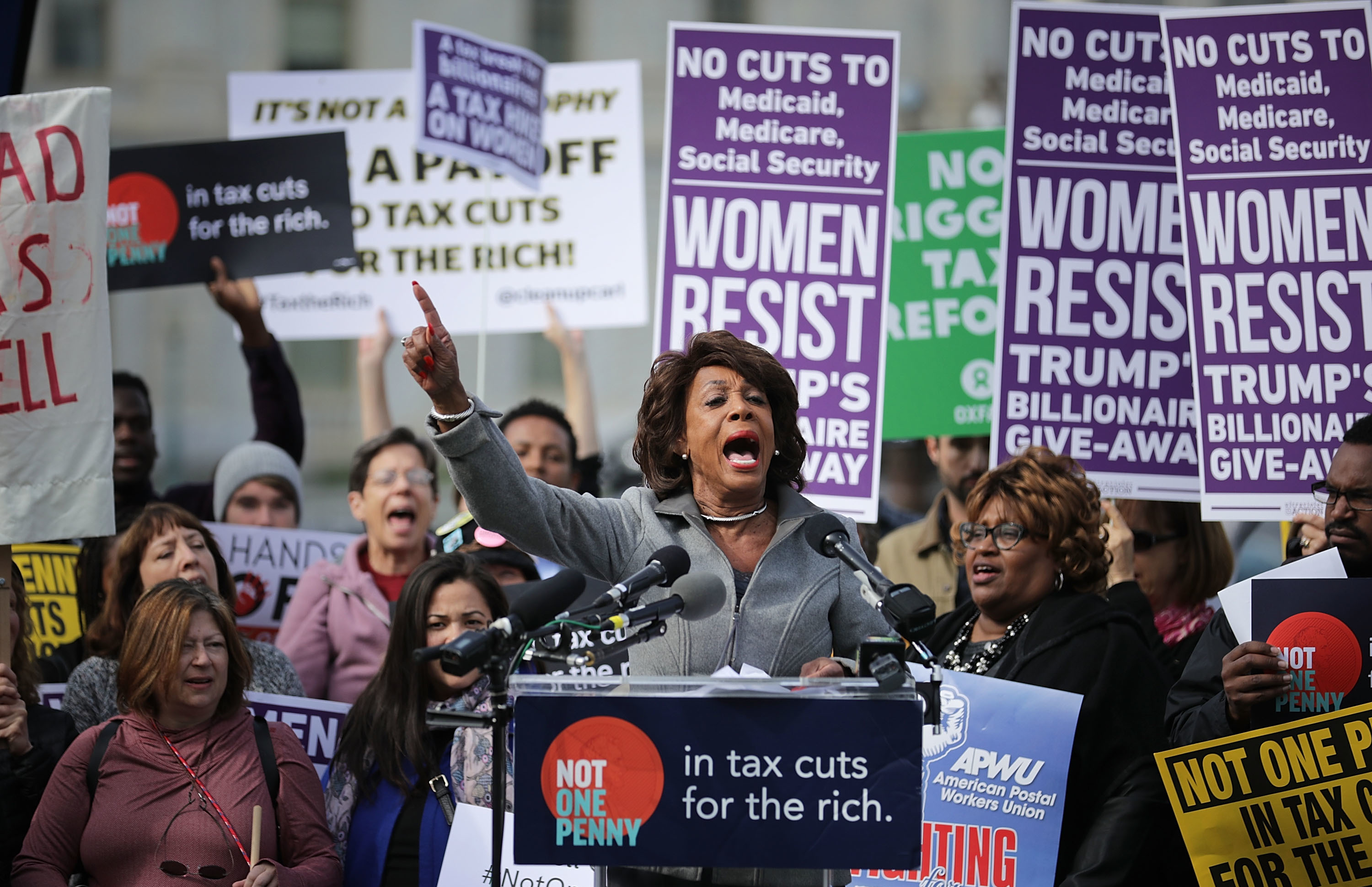 Rep. Maxine Waters, D-Calif., addresses a rally against the Republican tax plan outside the U.S. Capitol on Nov. 1. An analysis of the House and Senate proposals show they are likely to benefit the wealthy more than lower-income Americans. (Getty Images)