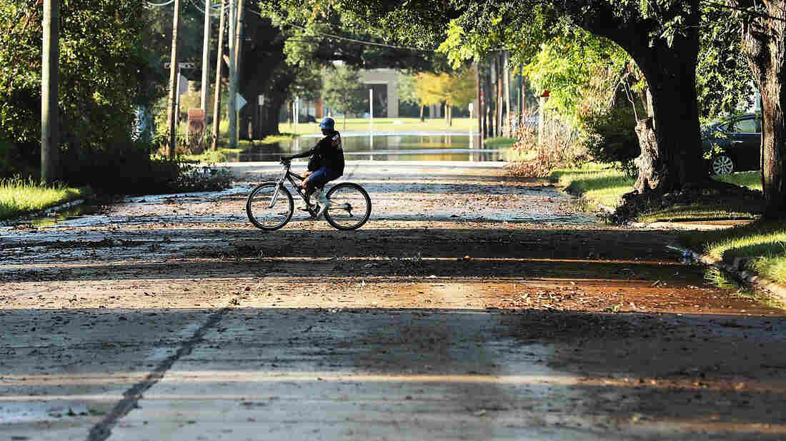 A man rides a bike through the recently dry-out streets of Texas.