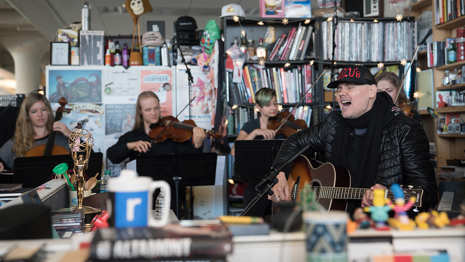 Billy Corgan performs a Tiny Desk Concert on Oct. 17, 2017. (Jennifer Kerrigan/NPR)