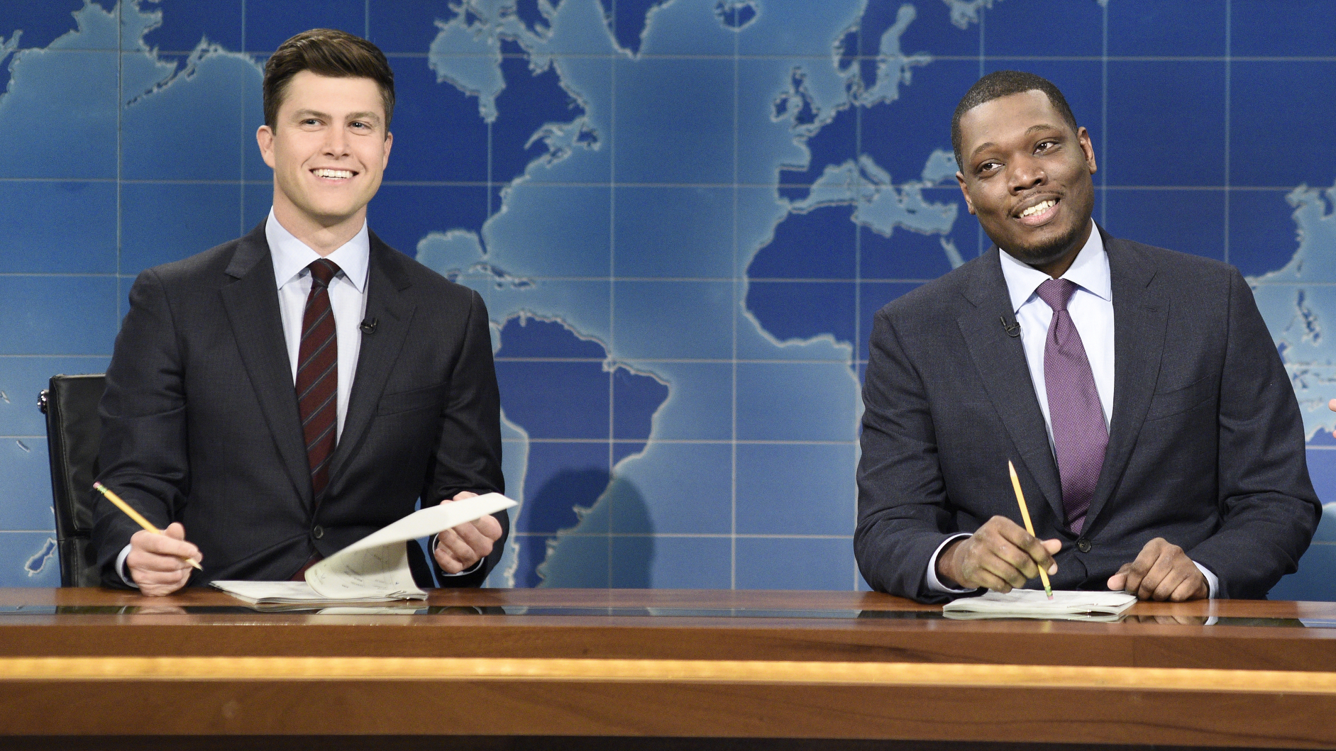 Colin Jost (left) and Michael Che ripped into Al Franken during the Weekend Update portion of <em>Saturday Night Live</em>. (NBCU Photo Bank via Getty Images)