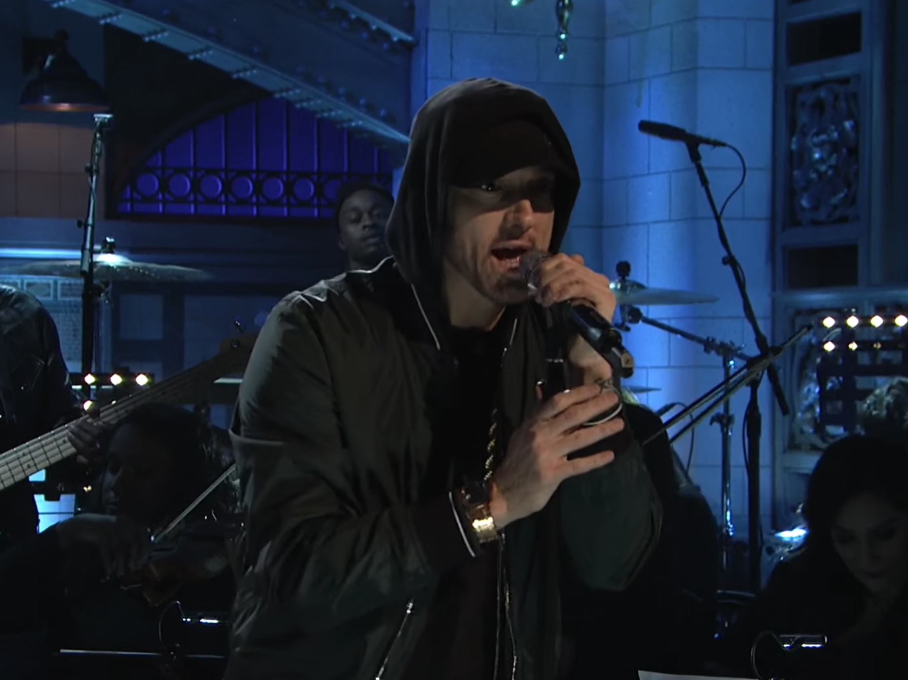 Eminem performs a medley during his seventh appearance on the program. (Saturday Night Live)
