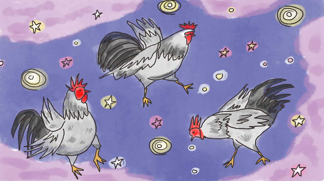 Roosters floating in the celestial sky