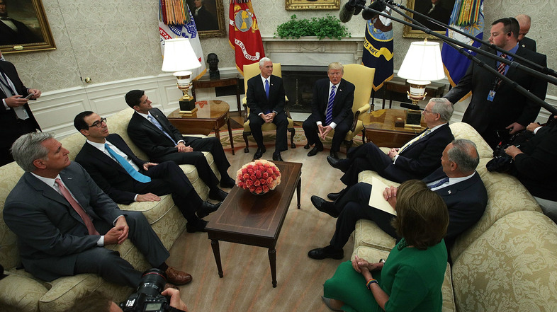 President Trump meets with congressional leaders in the Oval Office at the White House on Sept. 6. The deadline to fund the government and raise the debt ceiling is coming up on Dec. 8. (Alex Wong/Getty Images)