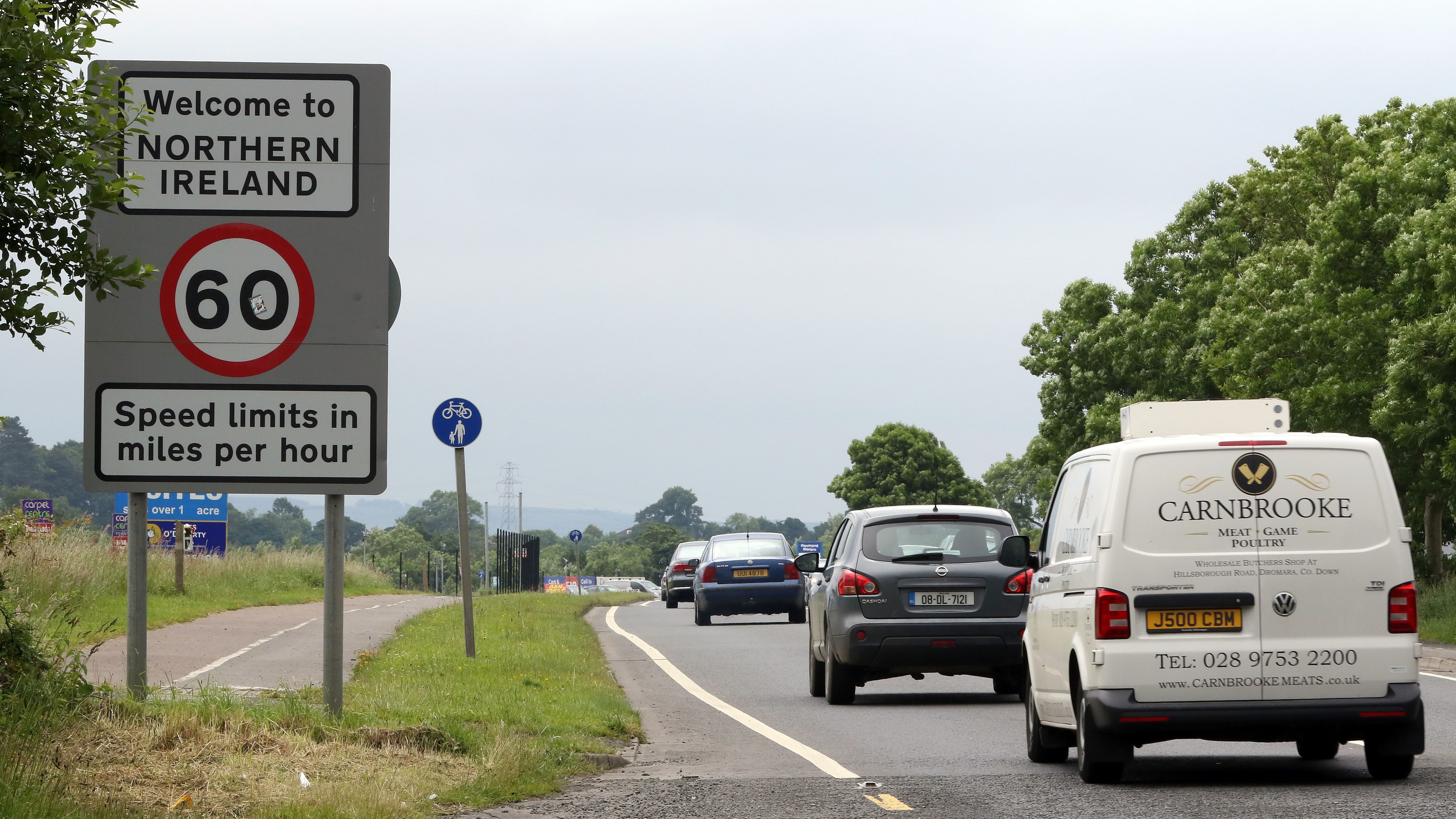 Cars cross the fluid border between Ireland and Northern Ireland in Donegal, Ireland, on June 25, 2016. The result of Britain's referendum vote to leave the European Union has ignited a debate over whether the border will need to establish customs checks and tariffs. (AFP/Getty Images)