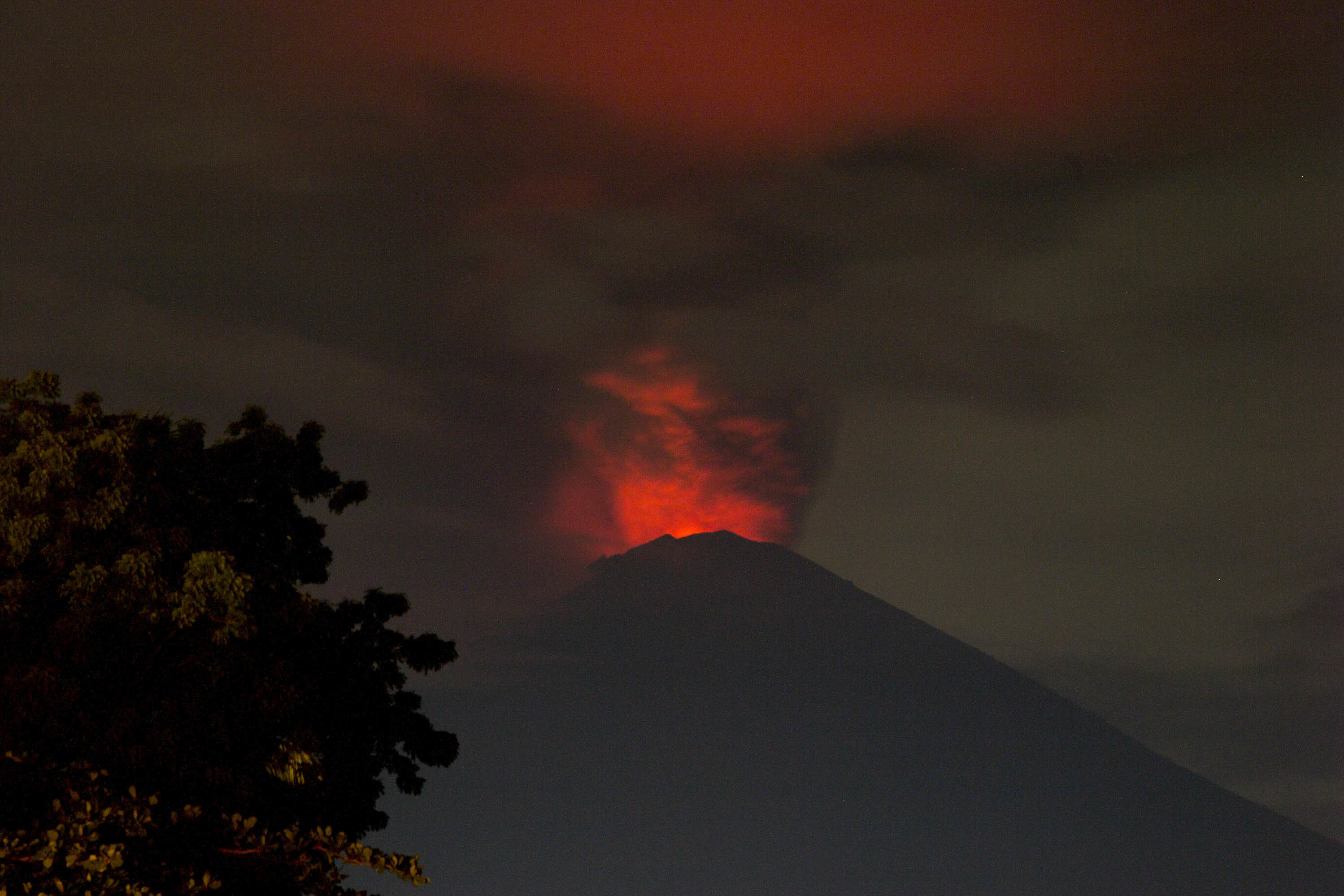 View of Mount Agung Volcano Erupted in the morning from Amed Beach. Mount Agung Volcano erupted, sending skyward a 3,000-meter cloud of ash.