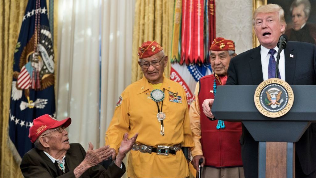 President Trump speaks in the Oval Office of the White House during an event to honor Navajo Code Talkers who served in World War II. (AFP/Getty Images)